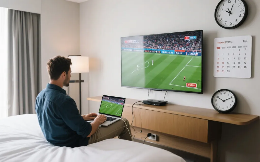 旅行者在酒店房间用笔记本连接电视观看足球直播的场景，桌上有日历与时钟元素