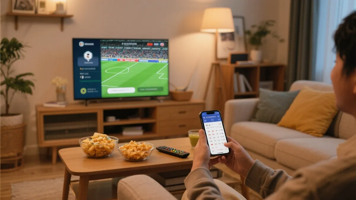 客厅电视与手机同时显示赛事提醒，体现世界杯直播入口的多设备准备